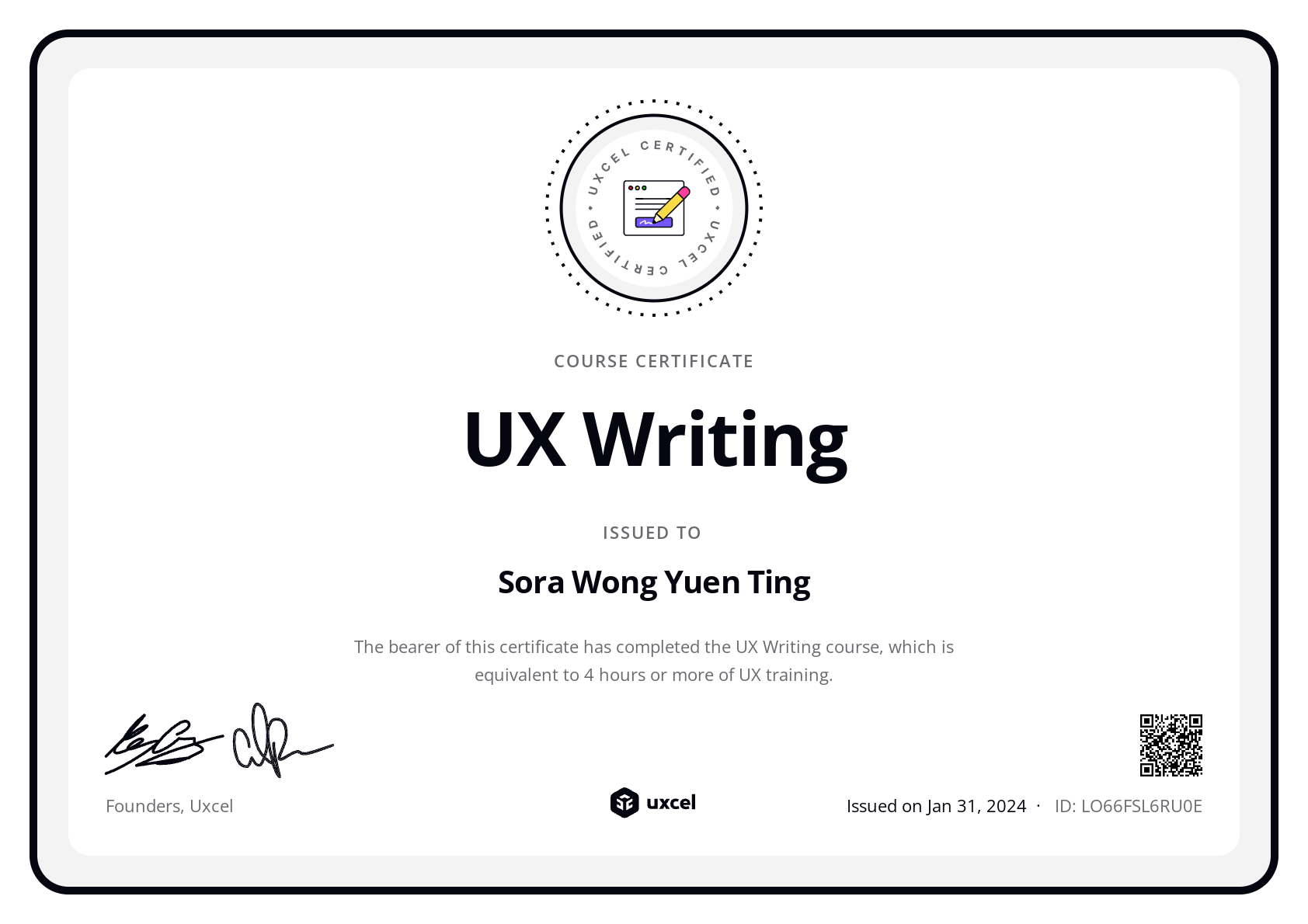 Sora Wong Yuen Ting's certificate